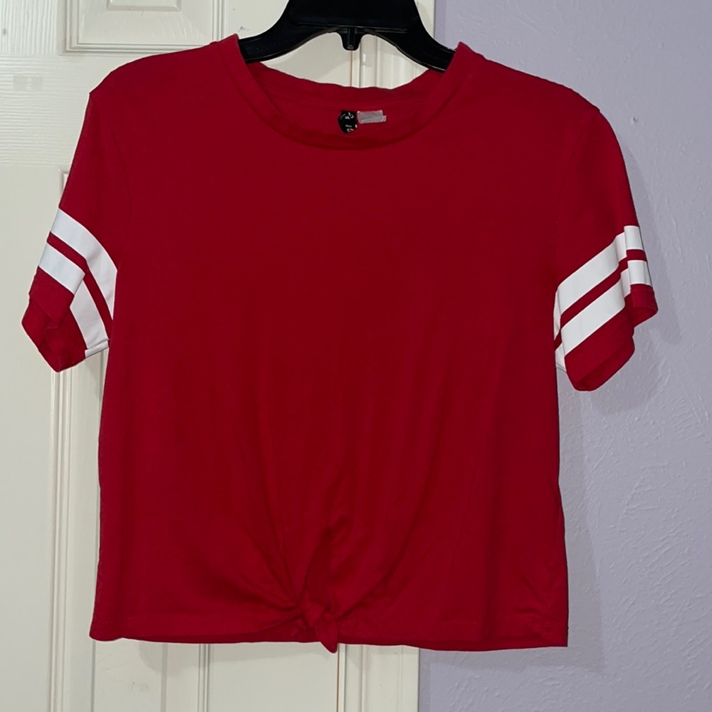 H&M red tee with stripes on sleeves